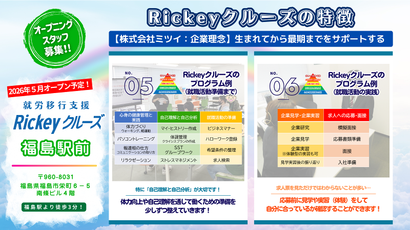 【2026年5月新規オープン予定!】「Rickeyクルーズ福島駅前」就労移行支援(株式会社ミツイ)の求人・転職情報-04